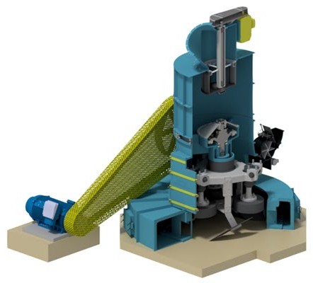3D cutaway rendering of a Bradley Airswept Pendulum Roller Mill with V-belt drive and motor
